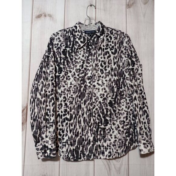 Jones New York Shirt Ladies Large Black Button Front Animal Print‎ - Picture 1 of 6